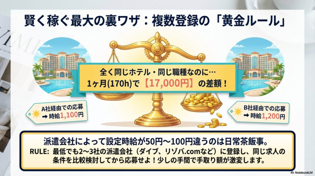 リゾートバイト派遣会社の複数登録により比較検討してから応募することで手取り額が変動することを解説した図
