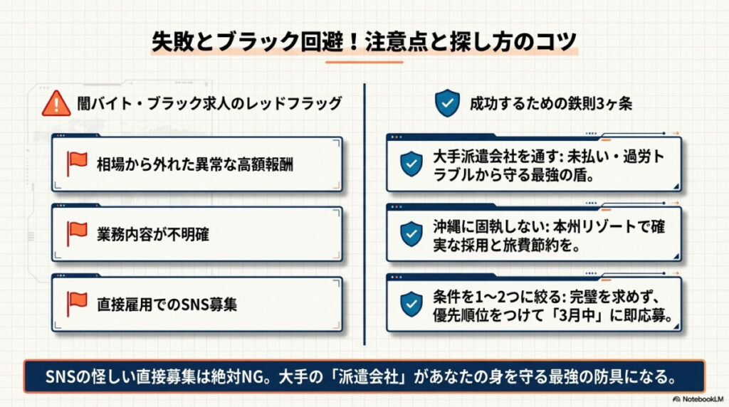 失敗とブラック回避。ゴールデンウィークのリゾートバイトの注意点と探し方のコツを図解したもの