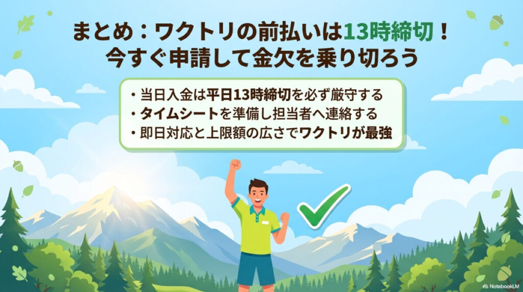 まとめ:ワクトリの前払いは13時締切!今すぐ申請して金欠を乗り切ろう