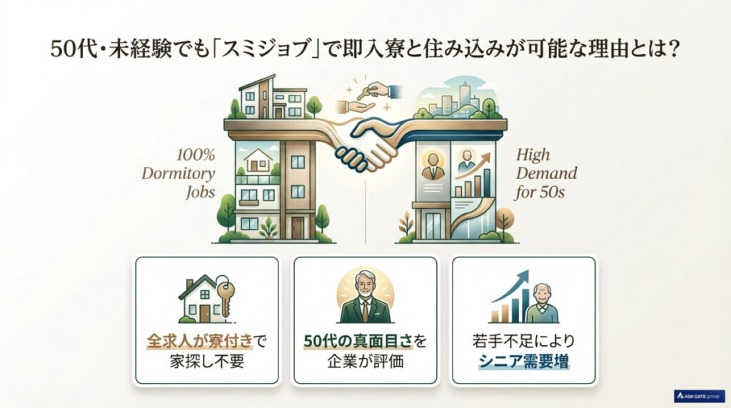 50代・未経験でも「スミジョブ」で即入寮と住み込みが可能な理由とは?