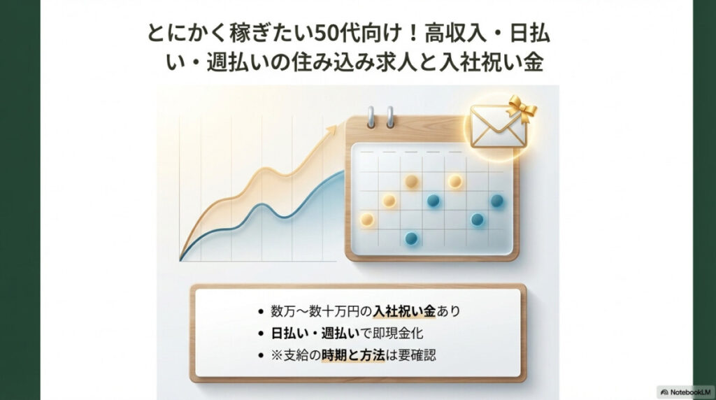 とにかく稼ぎたい50代向け!高収入・日払い・週払いの住み込み求人と入社祝い金