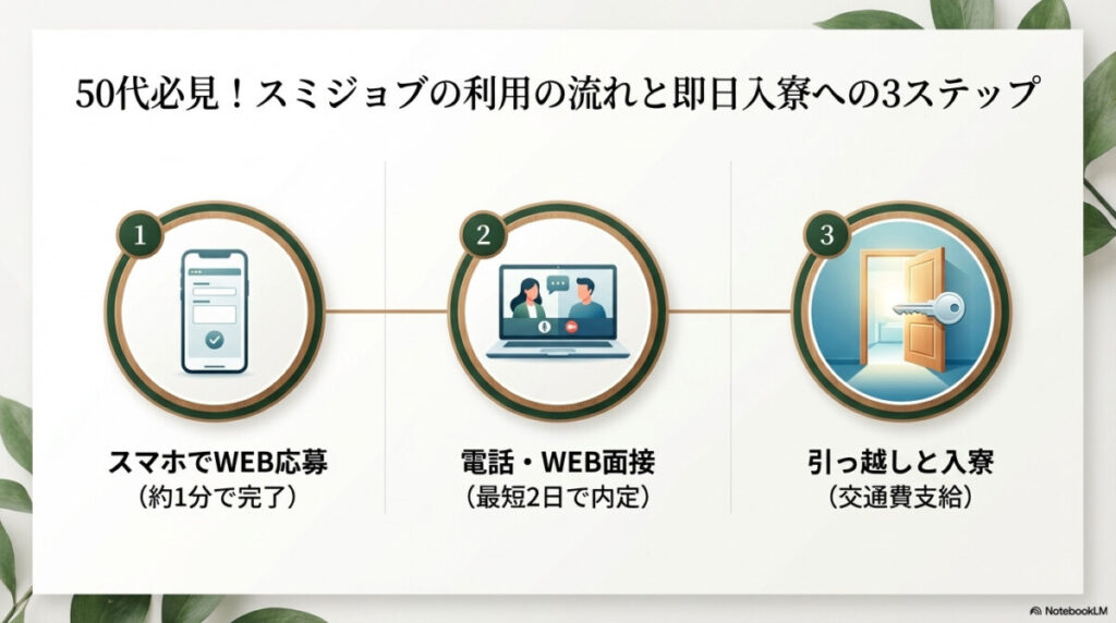 50代必見!スミジョブの利用の流れと即日入寮への3ステップ