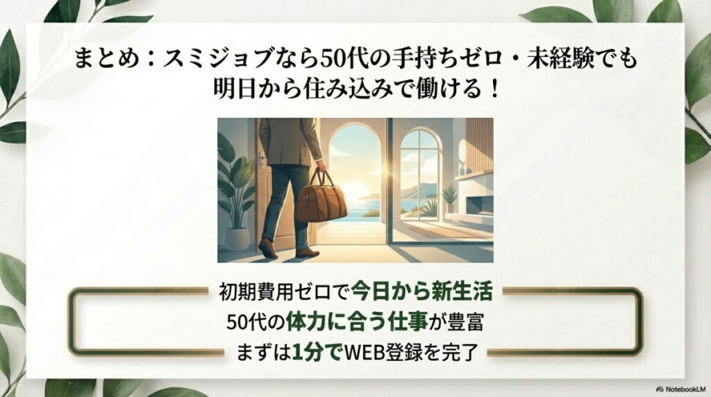 まとめ:スミジョブなら50代の手持ちゼロ・未経験でも明日から住み込みで働ける!