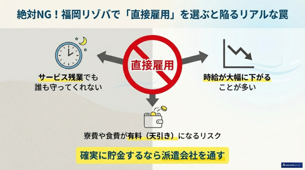 絶対NG!福岡リゾバで「直接雇用」を選ぶと陥るリアルな罠