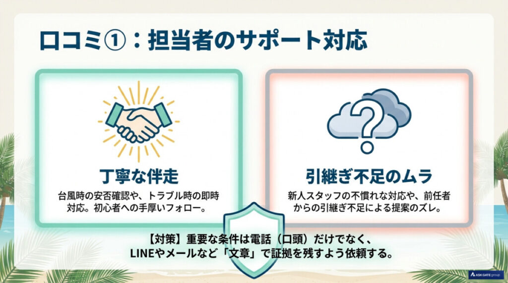 担当者のサポート対応（丁寧な伴走 vs 引継ぎ不足のムラ）