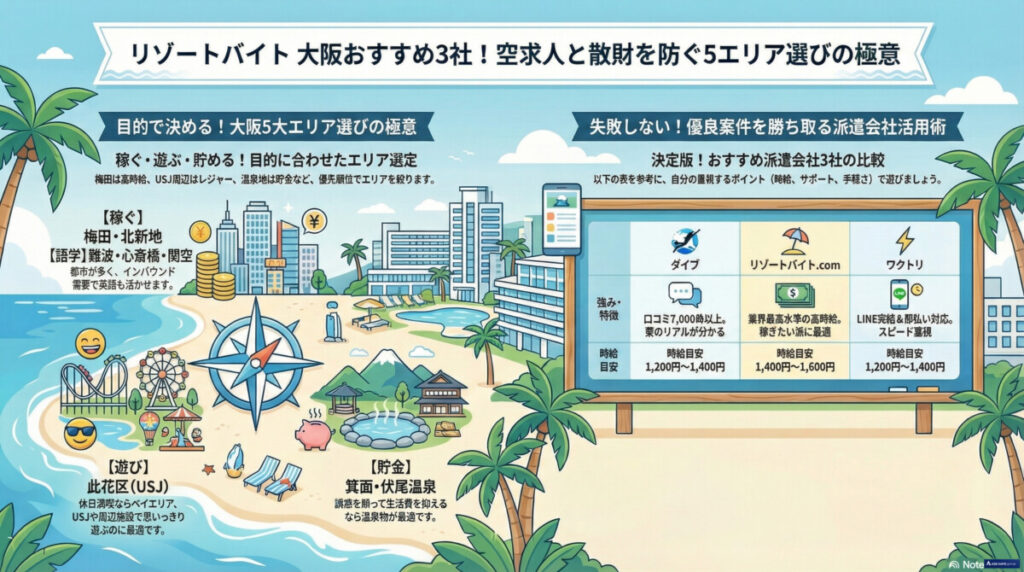 リゾートバイト 大阪 おすすめ3社！空求人と散財を防ぐ5エリア選びの極意のアイキャッチ
