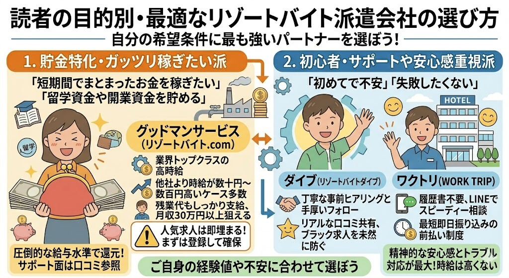 読者の目的別・最適なリゾートバイト派遣会社の選び方