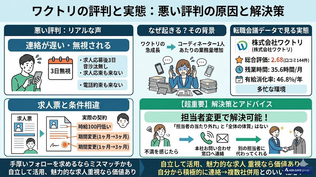 ワクトリの悪い評判・口コミ（連絡こない・時給や寮の条件違い）